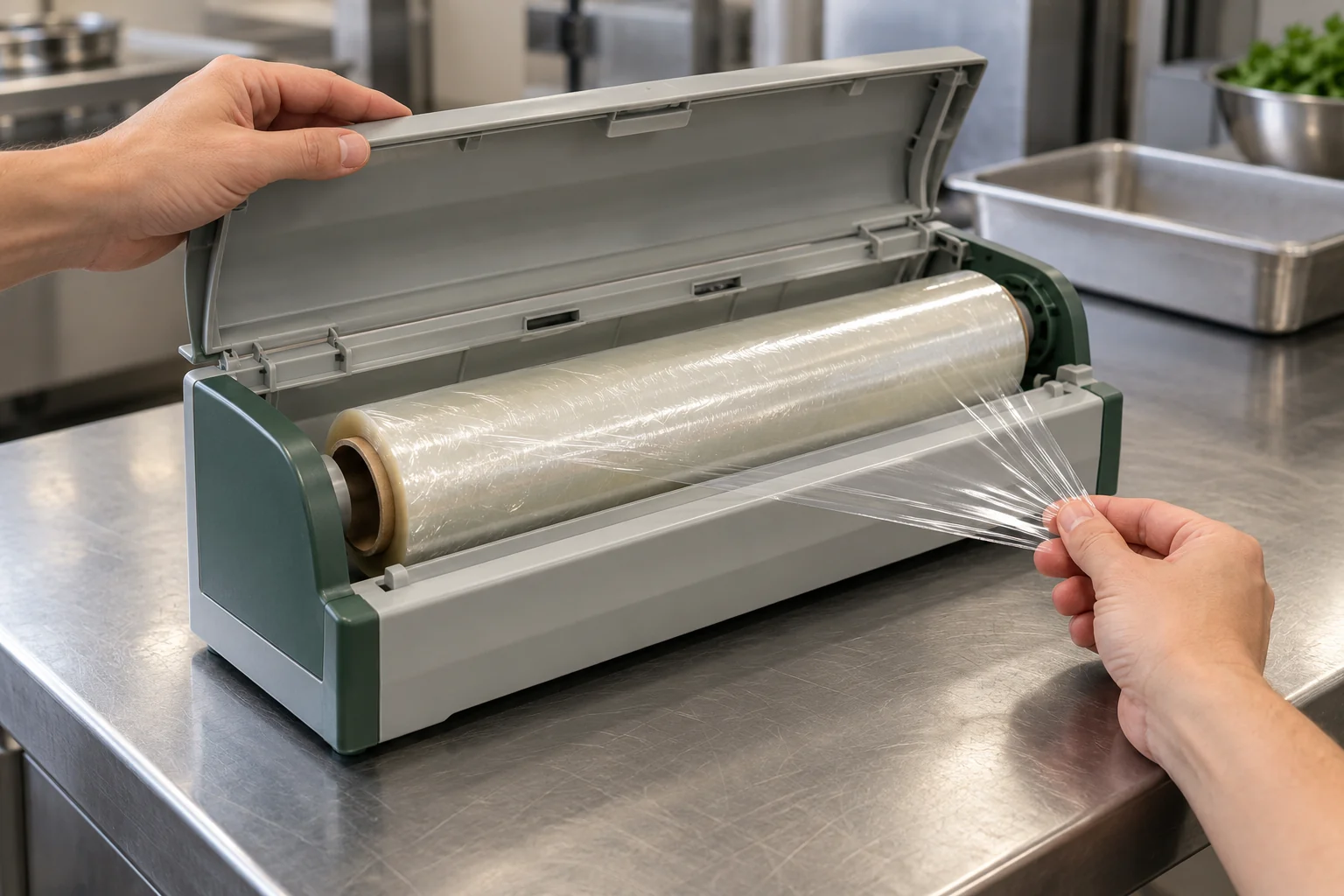 Illustrative hands checking a transparent film roll seated inside a generic reusable dispenser.