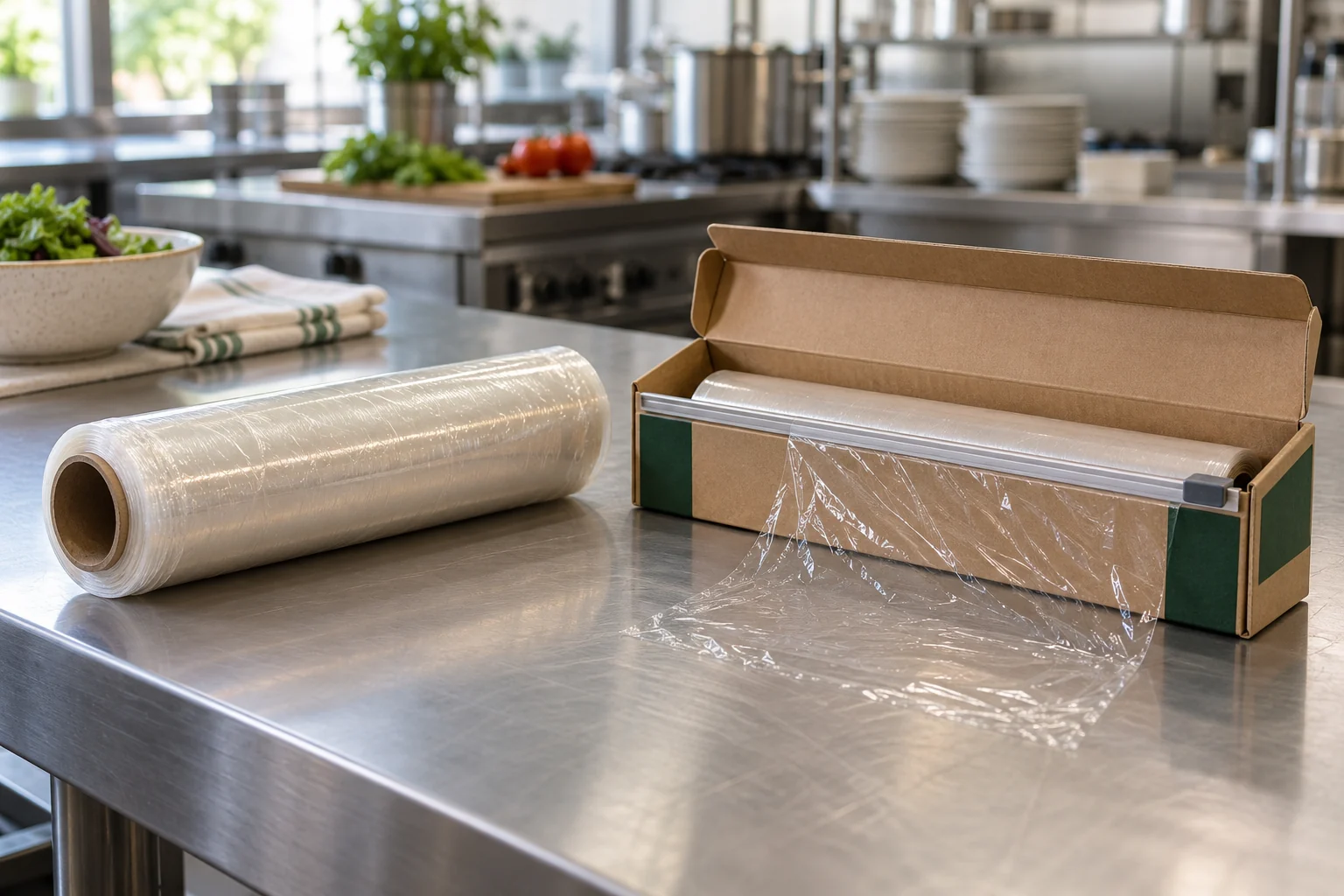 Illustrative clear cling film refill roll and kraft cutter box on a commercial kitchen counter.