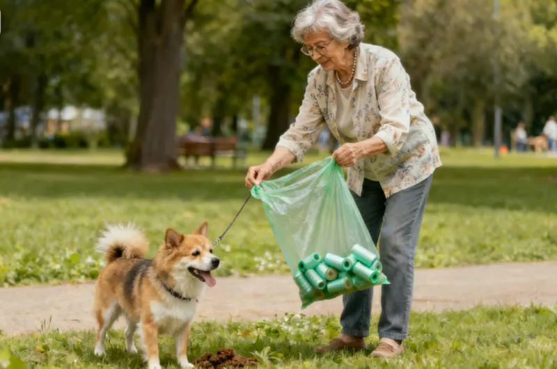 Grandma is pulling the dog with a pet bag in her hand.