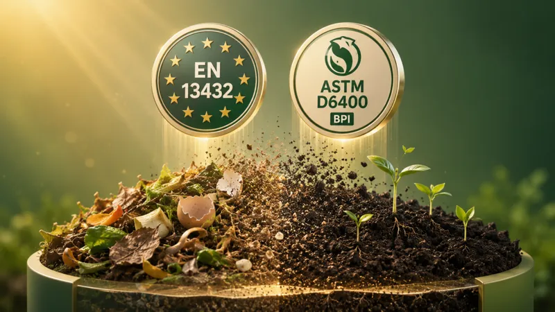 EN 13432 and ASTM D6400 compostability certification badges above composting process, representing verified biodegradation and eco-safety standards.
