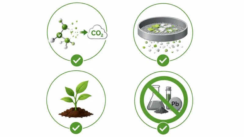 Four EN 13432 compostability requirements: biodegradation, disintegration, ecotoxicity, and heavy metals limits.