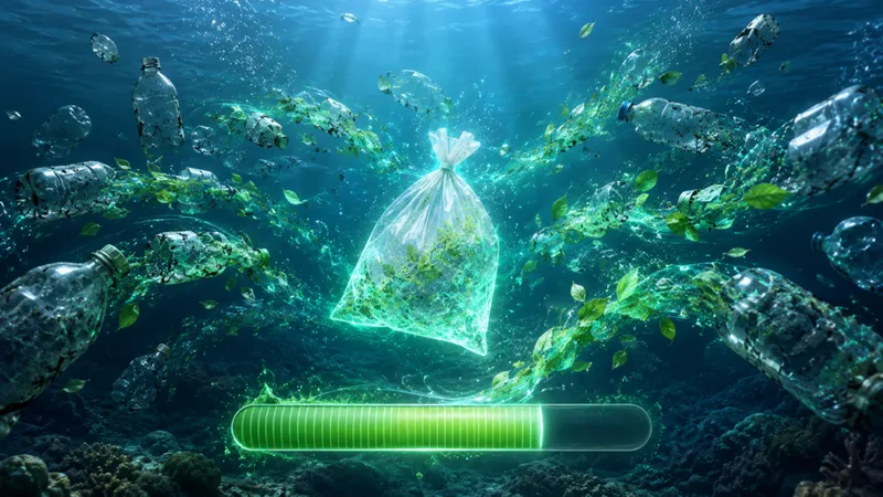 ESINLE 10 Million Bottle Mission concept: compostable bag recovering plastic bottles from ocean, turning waste into leaves.