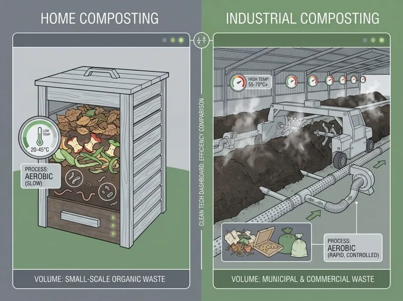 Comparison of industrial composting (high heat, 90–180 days) vs home composting (ambient temperature, 6–12 months).
